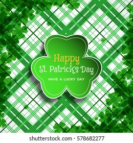 Vector Happy St. Patrick's Day poster on the white and green line pattern background, leaf of clover shape cut from paper, shadow, text and clover leaves arranged at corners.