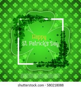 Vector Happy St. Patrick's Day card on the green pattern background with label cut from paper, shadow, text, white frame and clover leaves arranged at corners.