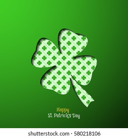 Vector Happy St. Patrick's Day poster on the green gradient background, leaf of clover cutout silhouette and pattern, shadow, text.