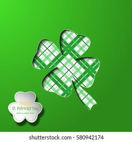 Vector Happy St. Patrick's Day poster on the green gradient background, leaf of clover cutout silhouette, white shape and line pattern, shadow, text.