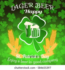 Vector Happy St. Patrick's Day poster on the gradient dark green background with leaf of clover cutout from paper and goblets of beer, spikelets of wheat.
