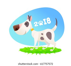 Vector happy standing bill terier dog in yellow collar, symbol of new 2018 year, calendar front page, greeting card, congratulation, chinese horoscope sign
