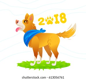 Vector happy standing yellow dog in blue scarf, symbol of new 2018 year, calendar front page, greeting card, congratulation, chinese horoscope sign