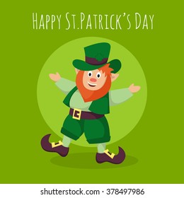 Vector Happy St.Patrick's Day greeting card with happy Leprechaun on green background.