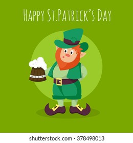 Vector Happy St.Patrick's Day greeting card with Leprechaun holding a mug of fresh beer on green background.