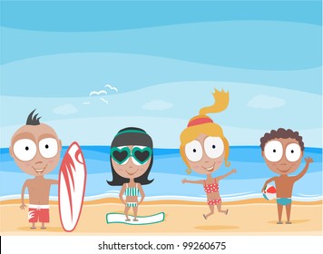 vector happy summer kids on the beach - Separate layers for easy editing
