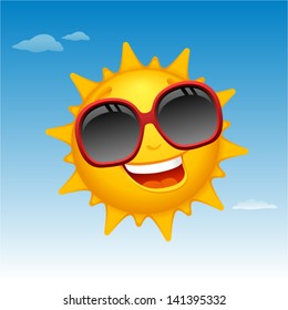 vector happy sun cartoon in blue sky - Separate layers for easy editing