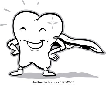 vector happy superhero healthy tooth (black and white) illustration - part of a series!