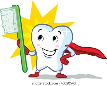 vector happy superhero healthy tooth, with toothbrush illustration - part of a series!