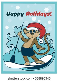 Vector Happy Surfing Holidays Paddleboarding Monkey Greeting Card Design