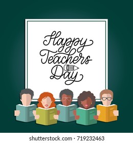 Vector Happy Teachers' Day hand lettering in frame with illustration in flat style. Icons of students and pupils with books.