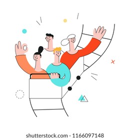 Vector happy team, smiling male and female colleagues riding roller coaster with excitement. Successful cooperation, teambuilding within businessmen and businesswomen in flat style.