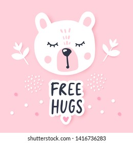 Vector Happy teddy bear. Awesome greeting card with bear. Doodle kids animals print. Funny character. Cute illustration, trendy design.