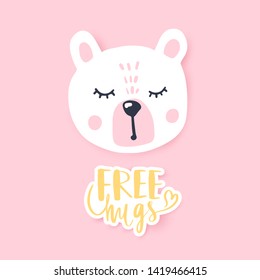 Vector Happy teddy bear. Awesome greeting card with bear. Doodle kids animals print. Funny character. Cute illustration, trendy design. Free hugs.