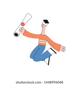 Vector happy teen graduate student jumping holding diploma sertificate in academic hat. smiling man rejoices in graduation hat. Cheerful male character school, university or college education design.