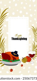 Vector. Happy Thanksgiving day background with text and illustrations in cartoon flat style. Autumn prints for greeting cards, posters, banners, posters and covers, blogging and promotional items.
