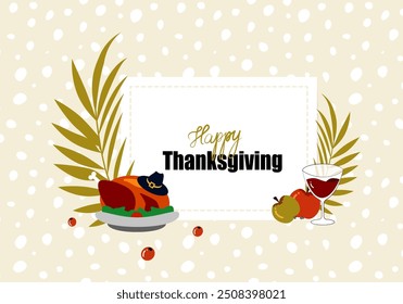 Vector. Happy Thanksgiving day background with text and illustrations in cartoon flat style. Autumn prints for greeting cards, posters, banners, posters and covers, blogging and promotional items.
