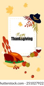 Vector. Happy Thanksgiving day background with text and illustrations in cartoon flat style. Autumn prints for greeting cards, posters, banners, posters and covers, blogging and promotional items.