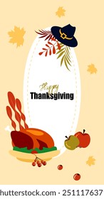 Vector. Happy Thanksgiving day background with text and illustrations in cartoon flat style. Autumn prints for greeting cards, posters, banners, posters and covers, blogging and promotional items.