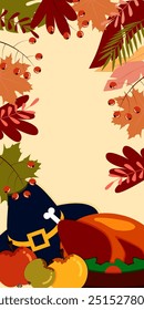 Vector. Happy Thanksgiving day background with copy space for text and illustrations in cartoon flat style. Autumn print for greeting card, poster, banner, poster, cover, blogging, promotional items.