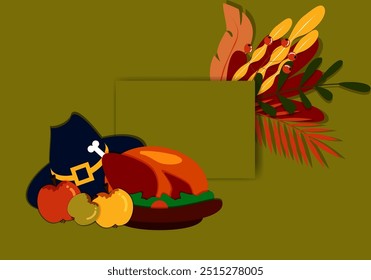 Vector. Happy Thanksgiving day background with copy space for text and illustrations in cartoon flat style. Autumn print for greeting card, poster, banner, poster, cover, blogging, promotional items.