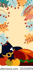 Vector. Happy Thanksgiving day background with copy space for text and illustrations in cartoon flat style. Autumn print for greeting card, poster, banner, poster, cover, blogging, promotional items.