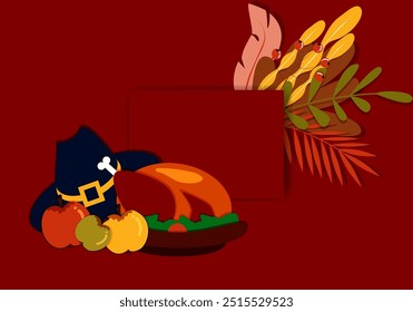 Vector. Happy Thanksgiving day background with copy space for text and illustrations in cartoon flat style. Autumn print for greeting card, poster, banner, poster, cover, blogging, promotional items.