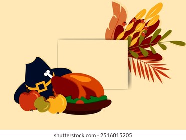 Vector. Happy Thanksgiving day background with copy space for text and illustrations in cartoon flat style. Autumn print for greeting card, poster, banner, poster, cover, blogging, promotional items.