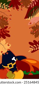 Vector. Happy Thanksgiving day background with copy space for text and illustrations in cartoon flat style. Autumn print for greeting card, poster, banner, poster, cover, blogging, promotional items.