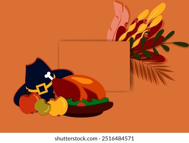 Vector. Happy Thanksgiving day background with copy space for text and illustrations in cartoon flat style. Autumn print for greeting card, poster, banner, poster, cover, blogging, promotional items.