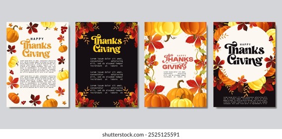 vector of Happy Thanksgiving day and harvest posters collection with pumpkins, foliage and copy space for text