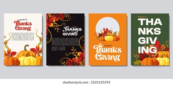 Vektor der Happy Thanksgiving Tag und Ernte Plakatsammlung mit Kürbissen, Laub und Kopienraum für Text