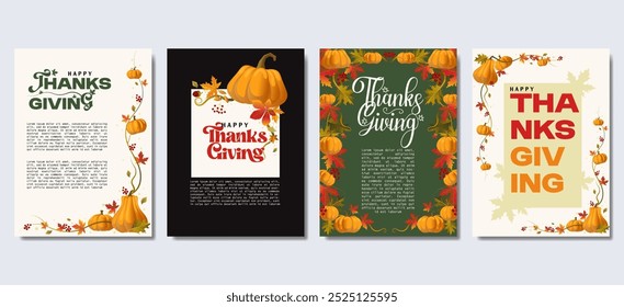 Vektor der Happy Thanksgiving Tag und Ernte Plakatsammlung mit Kürbissen, Laub und Kopienraum für Text