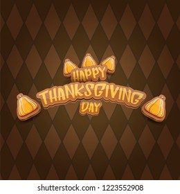 vector Happy Thanksgiving day holiday label witn greeting text and orange pumpkin on tweed plaid check pattern texture background. Cartoon thanksgiving day poster or banner