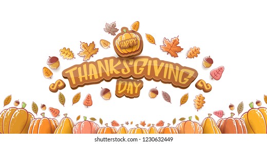 vector Happy Thanksgiving day holiday horizontal banner background with greeting text, orange pumpkins and falling autumn leaves isolated on white background. Thanks giving poster or flyer