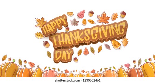 vector Happy Thanksgiving day holiday horizontal banner background with greeting text, orange pumpkins and falling autumn leaves isolated on white background. Thanks giving poster or flyer