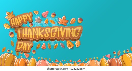 vector Happy Thanksgiving day holiday horizontal banner background with greeting text, orange pumpkins and falling autumn leaves isolated on azure background. Thanks giving poster or flyer