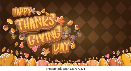 vector Happy Thanksgiving day holiday horizontal banner background with greeting text, orange pumpkins and falling autumn leaves isolated on brown background. Thanks giving poster or flyer