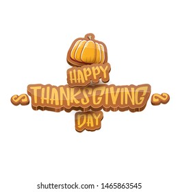 vector Happy Thanksgiving day holiday label witn greeting text and orange pumpkin isolated on white background. Cartoon thanksgiving day poster or banner