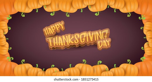 vector Happy Thanksgiving day horizontal banner with greeting text and orange pumpkins border isolated on violet background. Cartoon thanksgiving day poster or banner