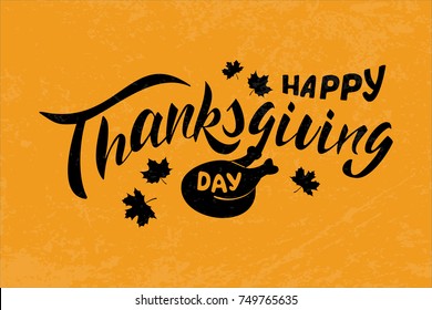 Vector Happy thanksgiving text poster.  Happy thanksgiving Text Banner. Poster for thanksgiving Day. Autumn illustration with leaf. EPS 10