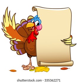 Vector happy Thanksgiving turkey with blank scroll. Isolated on white background