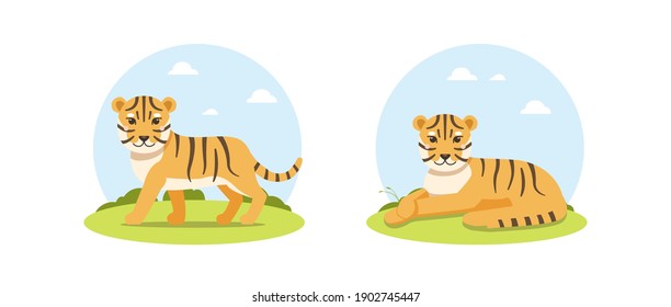 Vector happy tiger in flat cartoon style with landscape. Sitting and lying wild animal. Cute children's isolated illustration on white background. EPS10