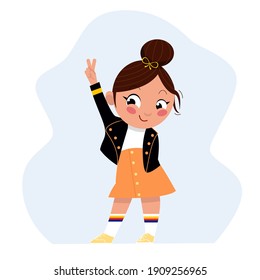 Vector happy trendy child girl character showing finger peace sing.