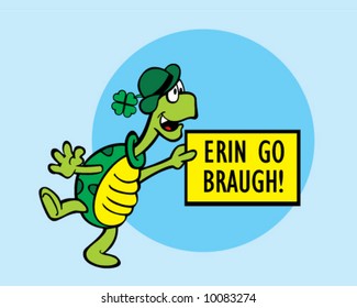 vector of happy turtle celebrating St. Patrick's Day with a sign that says, "Erin Go Braugh!" (Ireland Forever)