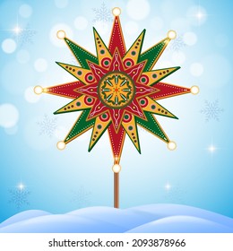 Vector Happy Ukrainian Christmas traditional ethnic star on snowy winter background. Vector illustration