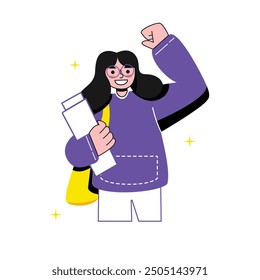 Vector of happy university student woman bring book showing her fist