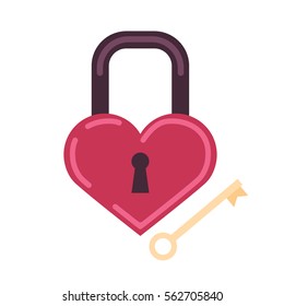 Vector Happy Valentine day, love, dating, wedding concept. Heart lock and key flat web icon isolated on white background