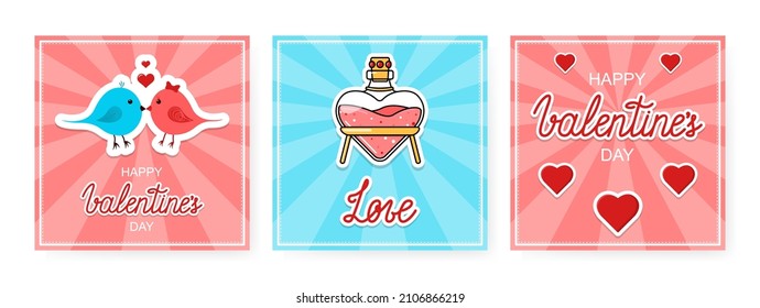 Vector Happy Valentines Banner Set. Drei viereckige Postkartendesign für den 14. Februar