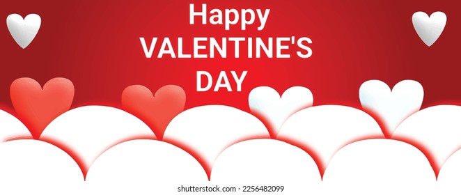 Vector Happy Valentine's day background with red and white heart and white clouds and present composition for a trendy banner, poster or greeting card